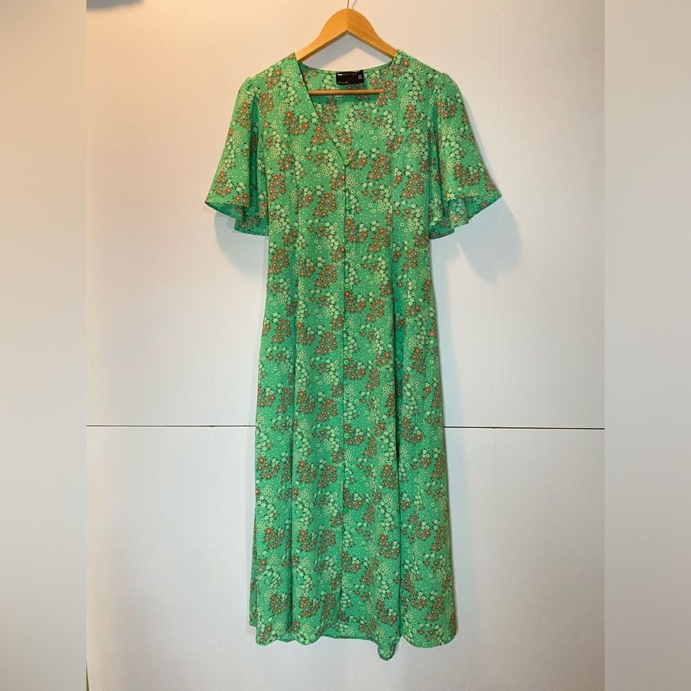 ASOS Green Pink Ditsy Floral Button Up Cottagecore Tie Flutter Sleeve Dress 6